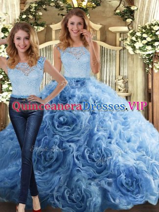 Two Pieces Quinceanera Gown Baby Blue Scoop Fabric With Rolling Flowers Sleeveless Floor Length Zipper