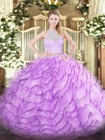 Glorious Lilac Tulle Zipper Scoop Sleeveless Sweet 16 Quinceanera Dress Brush Train Lace and Ruffles