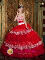 Tintagel Cornwall Red Ball Gown Strapless Floor-length Organza and Zebra Ruffles Quinceanera Dress