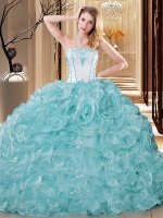 Custom Made Strapless Sleeveless Sweet 16 Dress Floor Length Embroidery and Ruffles Blue And White Organza(SKU YSQD053-1BIZ)