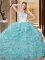 Custom Made Strapless Sleeveless Sweet 16 Dress Floor Length Embroidery and Ruffles Blue And White Organza