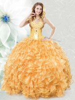 Hot Selling Sleeveless Floor Length Beading and Ruffles Lace Up Quinceanera Gowns with Gold