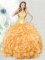 Hot Selling Sleeveless Floor Length Beading and Ruffles Lace Up Quinceanera Gowns with Gold
