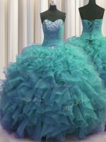 Extravagant Beaded Bust Sweetheart Sleeveless Sweet 16 Dresses Floor Length Beading and Ruffles Turquoise Organza