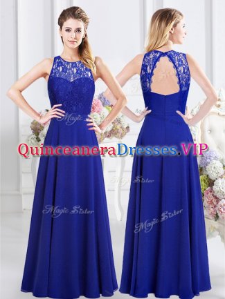Romantic Scoop Sleeveless Floor Length Lace Backless Dama Dress with Royal Blue