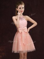 Pretty Halter Top Sleeveless Mini Length Lace and Bowknot Lace Up Court Dresses for Sweet 16 with Peach(SKU BMT0212FBIZ)