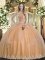 Tulle High-neck Sleeveless Lace Up Beading and Appliques Military Ball Dresses For Women in Peach