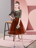 Rust Red Dama Dress Wedding Party with Embroidery Scoop Half Sleeves Lace Up(SKU BMT0383-7BIZ)