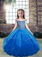 Blue Ball Gowns Beading Pageant Gowns For Girls Lace Up Tulle Sleeveless Floor Length