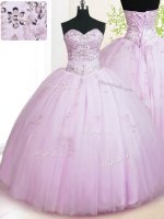 Excellent Tulle Sweetheart Sleeveless Lace Up Beading and Appliques Sweet 16 Quinceanera Dress in Lilac