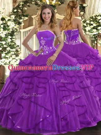 Edgy Purple Tulle Lace Up Strapless Sleeveless Floor Length Sweet 16 Dress Beading and Ruffles