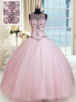 Popular Scoop Sleeveless Tulle Quince Ball Gowns Beading Lace Up