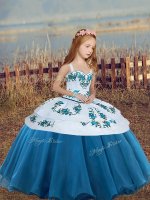 Fancy Blue Sleeveless Embroidery Floor Length Kids Pageant Dress