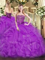 Purple Lace Up Strapless Beading and Ruffles Sweet 16 Quinceanera Dress Organza Sleeveless