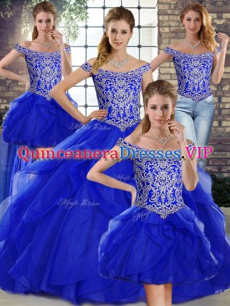 Royal Blue Off The Shoulder Lace Up Beading and Ruffles Sweet 16 Dresses Brush Train Sleeveless