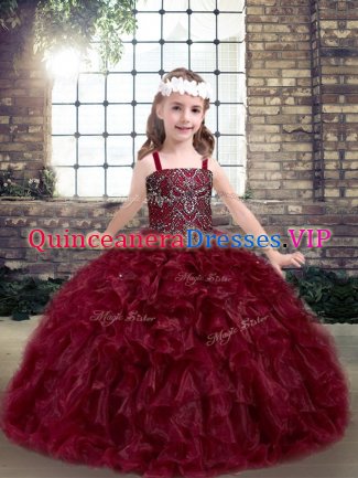 Burgundy Organza Lace Up Straps Sleeveless Floor Length Little Girl Pageant Dress Beading and Ruffles