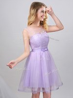 Inexpensive Scoop Lavender A-line Lace and Appliques and Belt Dama Dress Lace Up Tulle Sleeveless Mini Length