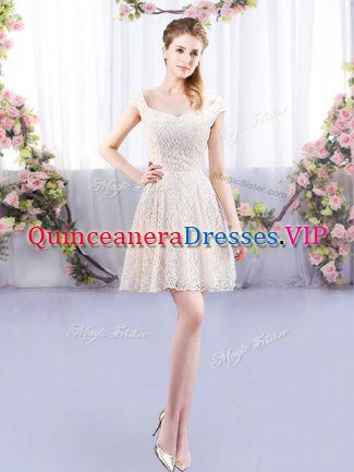 Lace Quinceanera Dama Dress Champagne Lace Up Cap Sleeves Mini Length