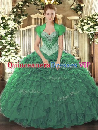 Beading and Ruffles Quinceanera Gown Green Lace Up Sleeveless Floor Length