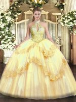 Tulle Halter Top Sleeveless Lace Up Appliques and Sequins Vestidos de Quinceanera in Gold(SKU SJQDDT1256002-2BIZ)