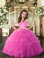 Hot Pink Ball Gowns Ruffles Little Girls Pageant Gowns Lace Up Tulle Sleeveless Floor Length(SKU PAG1135-2BIZ)