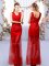 Pretty Floor Length Red Dama Dress V-neck Sleeveless Lace Up