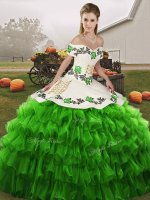 Green Off The Shoulder Lace Up Embroidery and Ruffled Layers Sweet 16 Dress Sleeveless
