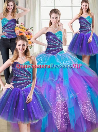 Stylish Four Piece Tulle Sleeveless Floor Length 15 Quinceanera Dress and Beading and Ruffles - Click Image to Close