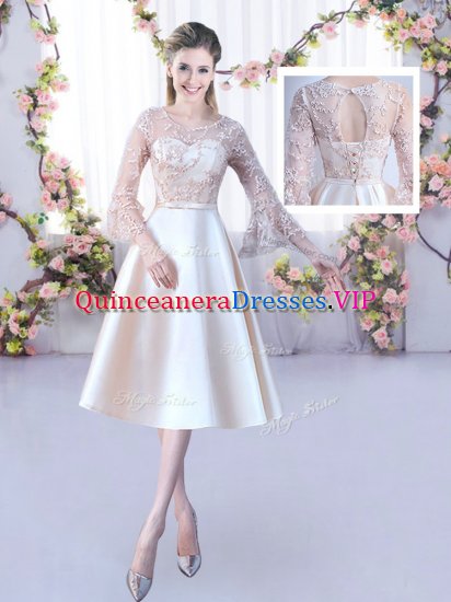 Satin Scoop 3 4 Length Sleeve Lace Up Lace and Belt Court Dresses for Sweet 16 in Champagne - Click Image to Close