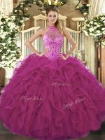 Fuchsia Sleeveless Organza Lace Up Ball Gown Prom Dress for Sweet 16 and Quinceanera