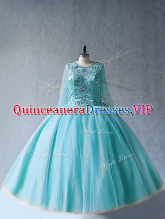 Customized Floor Length Aqua Blue Ball Gown Prom Dress Tulle Long Sleeves Beading
