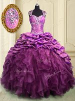 Custom Design Lilac Ball Gowns Organza and Taffeta Sweetheart Cap Sleeves Beading and Ruffles and Ruffled Layers and Pick Ups With Train Lace Up Quinceanera Dress Brush Train