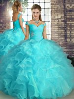 Custom Design Off The Shoulder Sleeveless Lace Up Quinceanera Gown Aqua Blue Organza