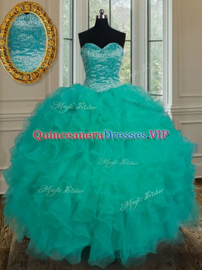 Turquoise Sleeveless Floor Length Beading and Ruffles Lace Up Quinceanera Gown - Click Image to Close