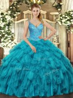 Elegant Teal V-neck Lace Up Beading and Ruffles Sweet 16 Dresses Sleeveless