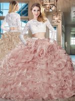 Clearance Scoop Pink Long Sleeves Brush Train Beading and Lace and Ruffles Sweet 16 Dresses