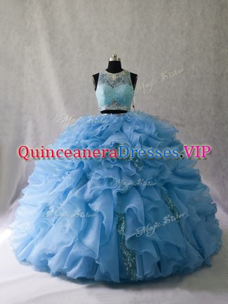 Most Popular Blue Quinceanera Gown Scoop Sleeveless Brush Train Zipper