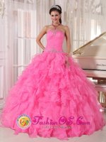 Lancaster Ohio/OH Strapless Beaded Decorate With Inexpensive Rose Pink Quinceanera Dress Custom Made with Ruffles Ball Gown