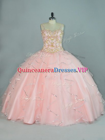 Sleeveless Tulle Floor Length Lace Up Quinceanera Gowns in Peach with Beading and Ruffles - Click Image to Close