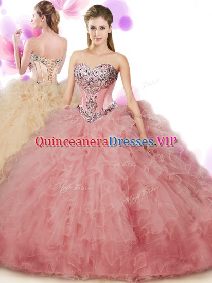 Peach Tulle Lace Up Sweetheart Sleeveless Floor Length Quince Ball Gowns Beading and Ruffles - Click Image to Close
