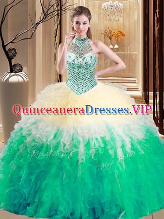 Comfortable Halter Top Multi-color Lace Up 15th Birthday Dress Beading and Ruffles Sleeveless Floor Length