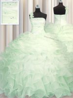 Graceful One Shoulder Apple Green Sleeveless Organza Zipper 15 Quinceanera Dress for Military Ball and Sweet 16 and Quinceanera