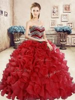 Excellent Red Ball Gowns Beading and Ruffles Vestidos de Quinceanera Lace Up Organza Sleeveless Floor Length(SKU YYPJ059-2BIZ)