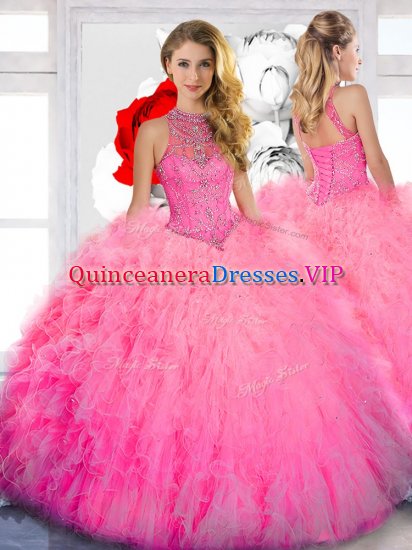 Sleeveless Floor Length Beading Lace Up Quinceanera Gown with Baby Pink - Click Image to Close