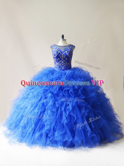 Traditional Tulle Scoop Sleeveless Lace Up Beading and Ruffles Sweet 16 Dress in Royal Blue - Click Image to Close