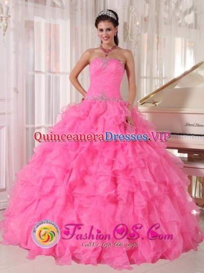 Clovis New mexico /NM Strapless Beaded Decorate With Inexpensive Rose Pink Quinceanera Dress Custom Made with Ruffles Ball Gown - Click Image to Close