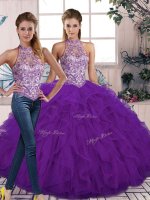 Floor Length Purple 15 Quinceanera Dress Halter Top Sleeveless Lace Up