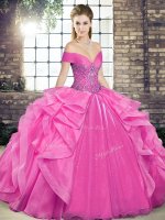 Top Selling Rose Pink Sleeveless Floor Length Beading and Ruffles Lace Up Ball Gown Prom Dress