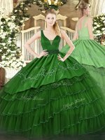 Sexy Dark Green Straps Neckline Beading and Embroidery and Ruffled Layers Sweet 16 Dress Sleeveless Zipper