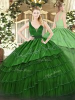 Sexy Dark Green Straps Neckline Beading and Embroidery and Ruffled Layers Sweet 16 Dress Sleeveless Zipper